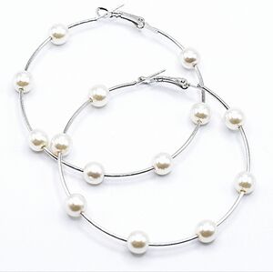 Silver Tone Pearl Hoop Earrings, Very Beautiful and Lightweight